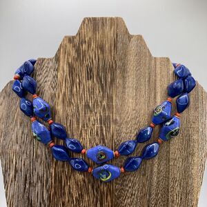 Vintage Heavy Glass Beaded Necklace Royal Blue And Red Swirls Unique Estate 34”